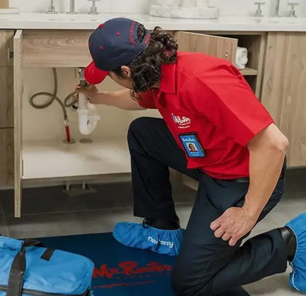 Mr. Rooter technician repairing leaking pipes under a sink